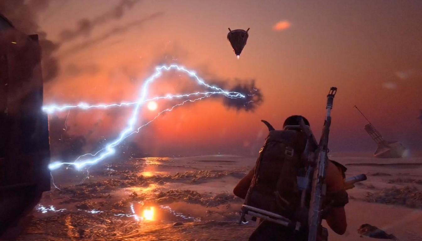 A raider watches a lightning bolt and a distant Turbine in the sunset sky over the coast