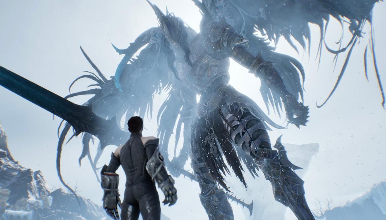 AION 2 hero facing a giant icy creature with a blade