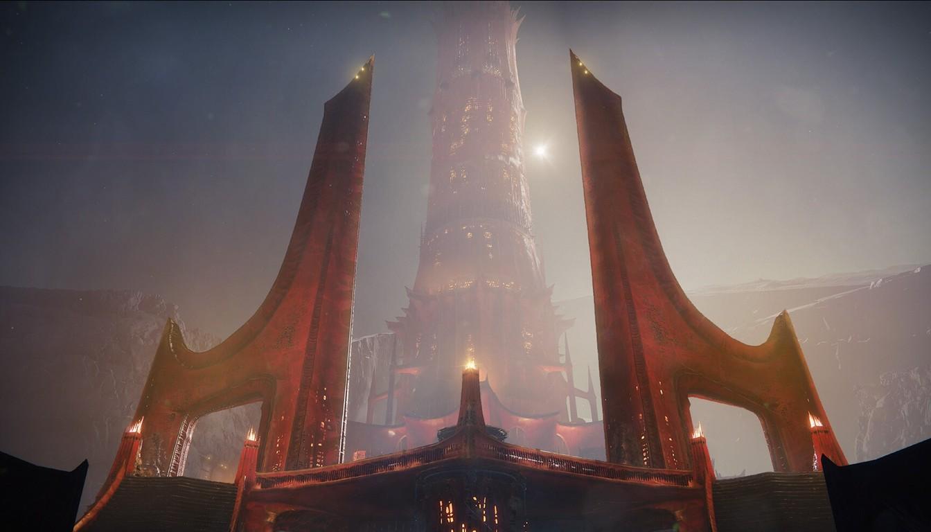 Crimson arches at the Scarlet Keep entrance before the Hive tower in the mist