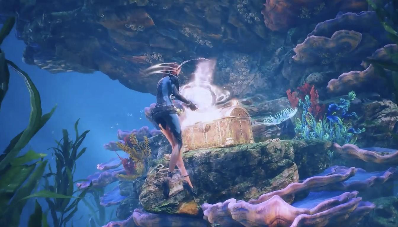 Diver near a glowing chest in an underwater cave in AION 2