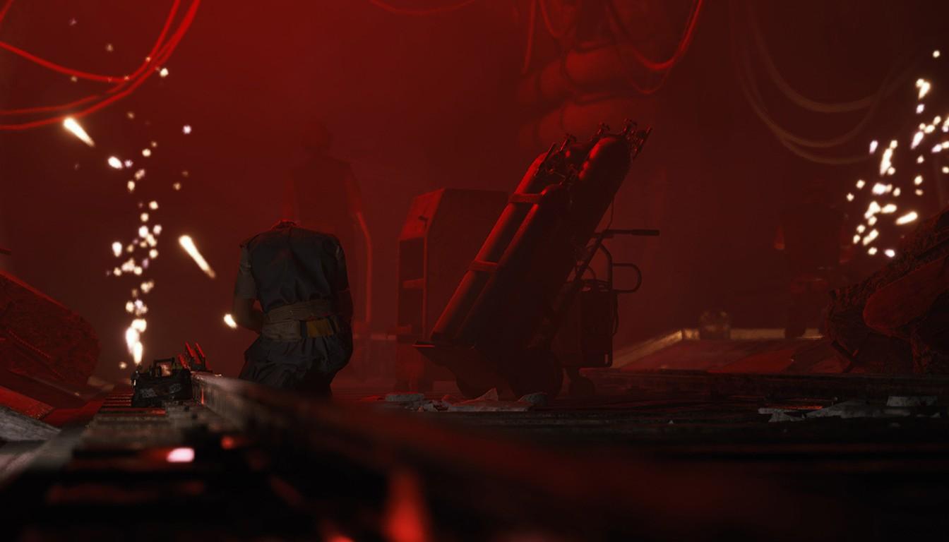 Red-lit gloom with sparks and machine silhouettes