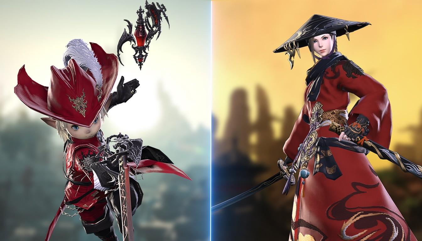 Two FFXIV characters in different outfits: a red mage in a feathered hat and a swordsman in a red robe and straw hat
