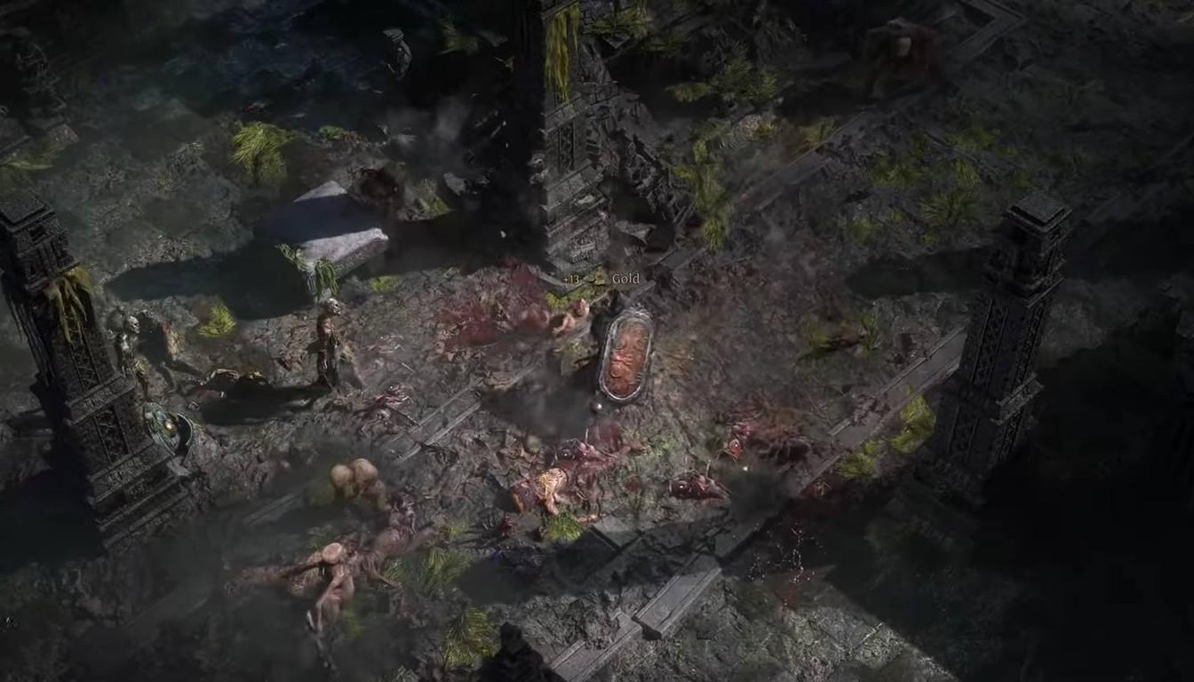 Top-down view of a ruined courtyard full of monsters to be cleared