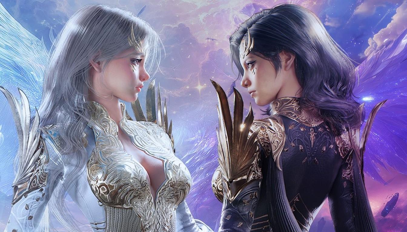 Две героини AION 2, светлая и тёмная, стоят лицом друг к другу
