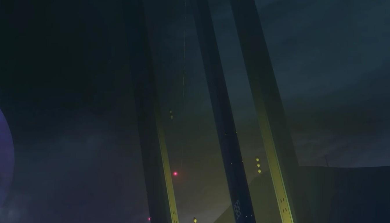 Dark metal structure with vertical supports against the night sky
