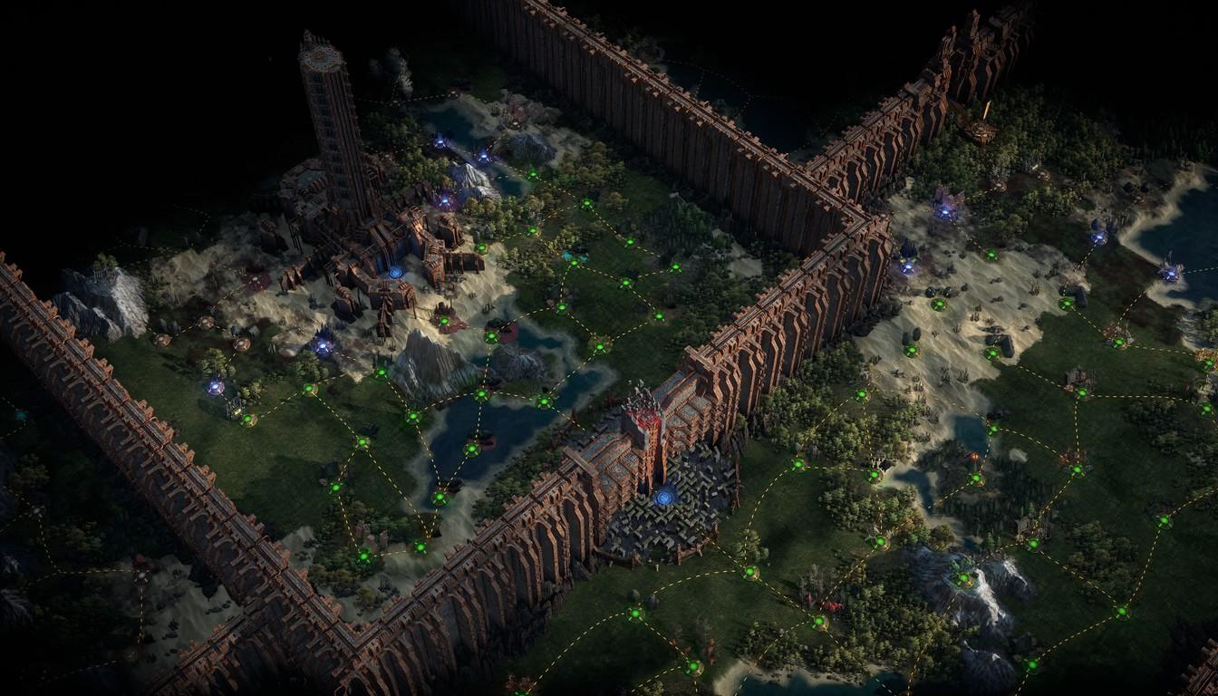 Top-down view of the Atlas with wooden Fortress walls cutting across forests and hills