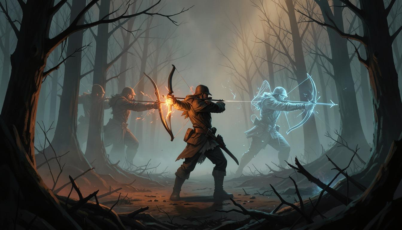Silhouette of an archer and ghostly copies firing in a dark forest