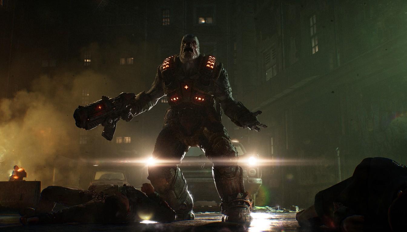 A heavily armored enemy with glowing armor plates on a smoky night street
