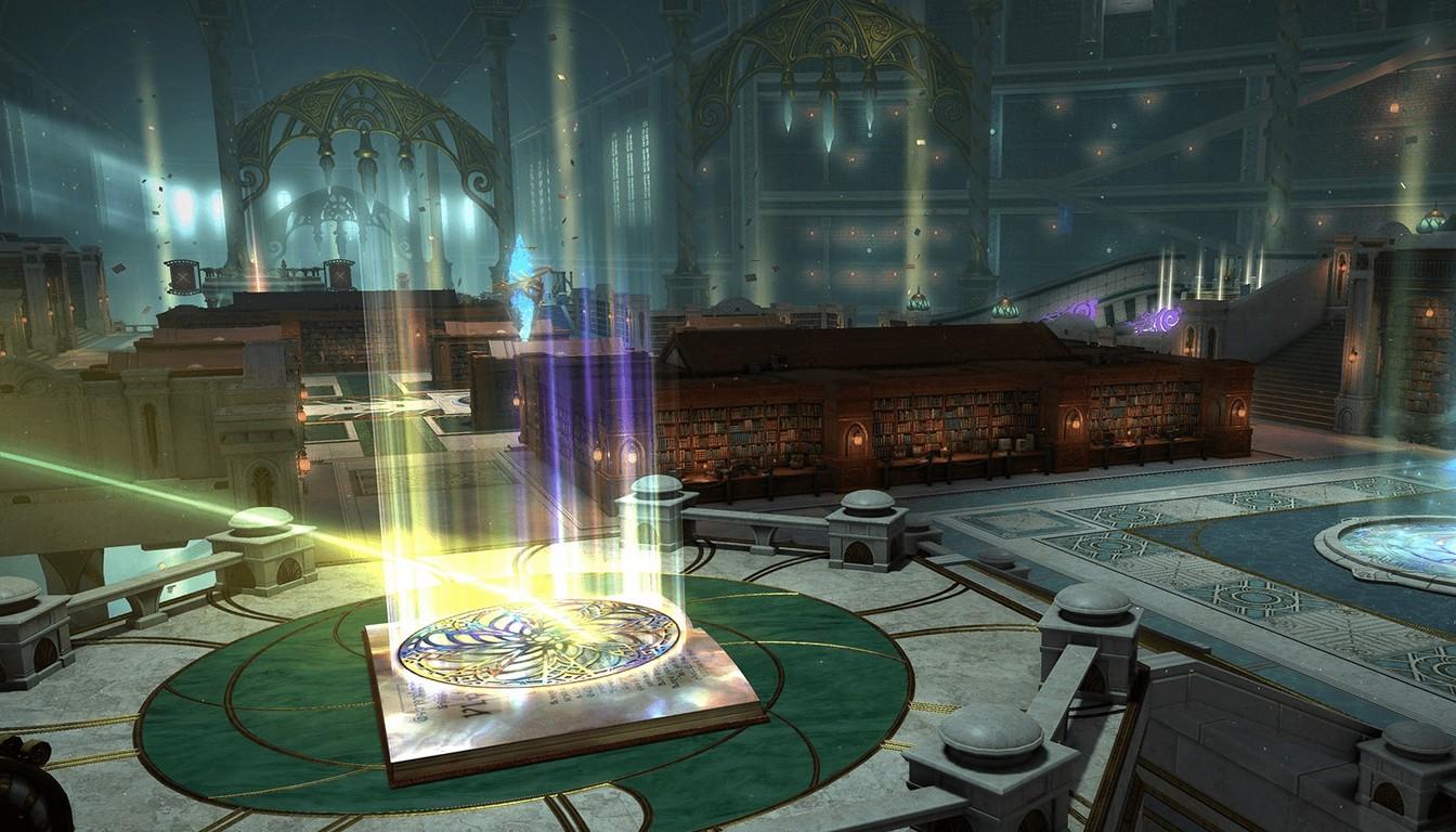 A cosmic station hall with a green platform and beams of light in Final Fantasy XIV
