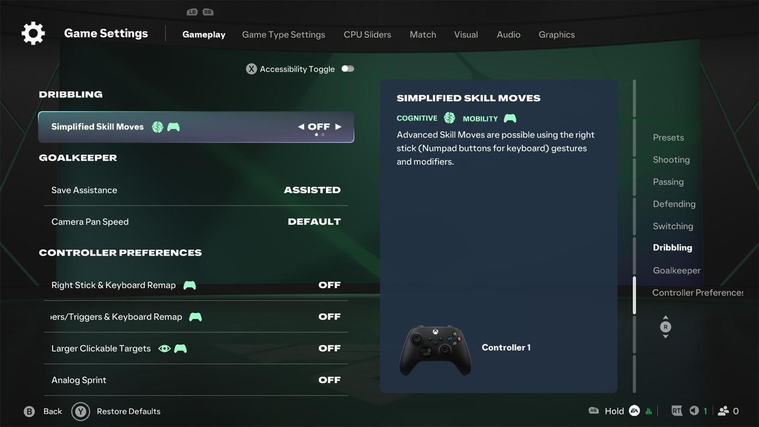 Simplified Skill Moves in the Dribbling settings