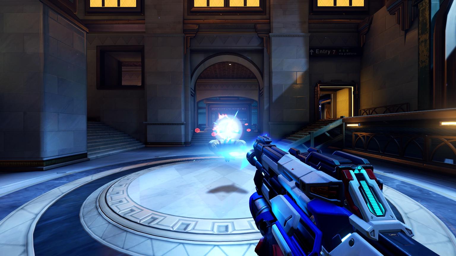 First-person view of Soldier: 76 firing Heavy Pulse Rifle