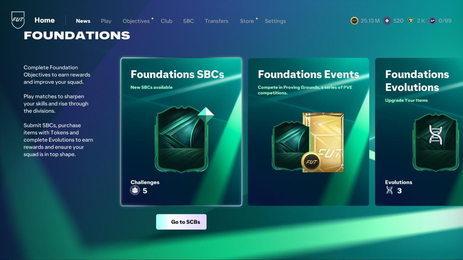 Раздел Foundations с SBC, Events и Evolutions
