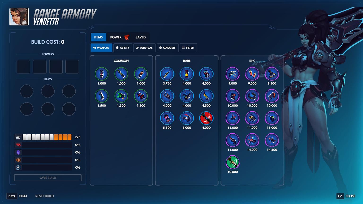 The Stadium practice Armory with item filters and upgrade slots