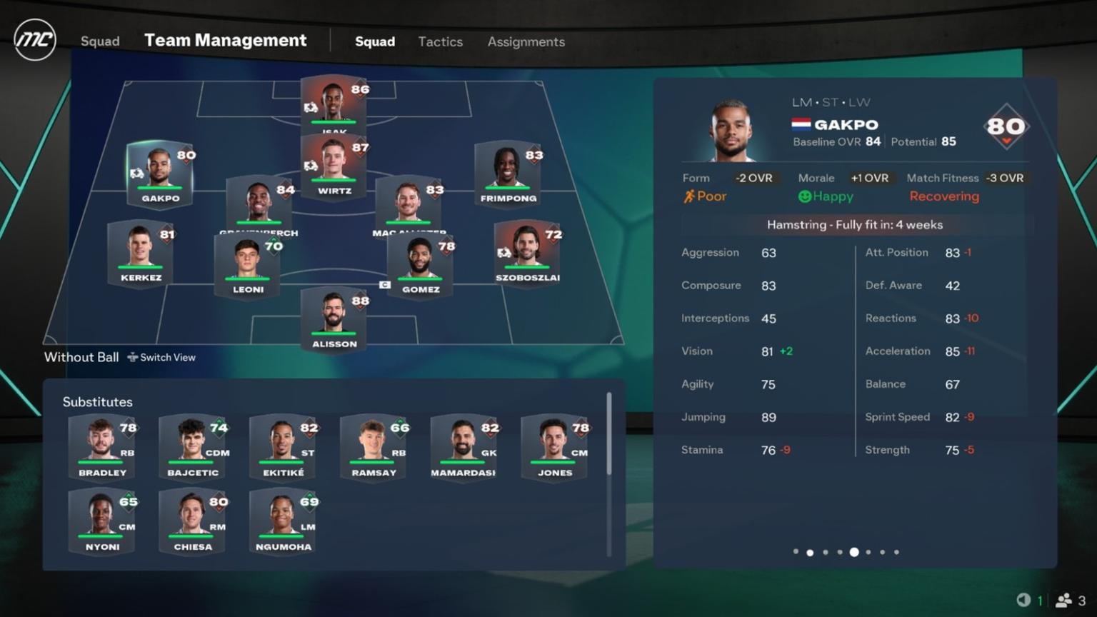 Squad and player-condition screen in FC 27 Career